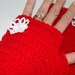 Fingerless Mittens in Berry Red Crochet with White Flower Embellishment