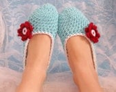 Aqua, Red and White Womens Crocheted Slipper