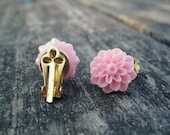 Pink Dahlia Flower Clip on Earrings