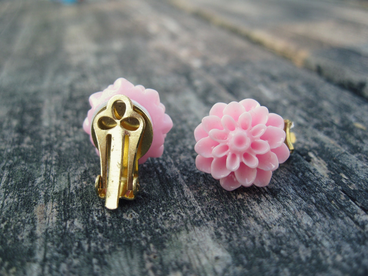 Pink Dahlia Flower Clip on Earrings