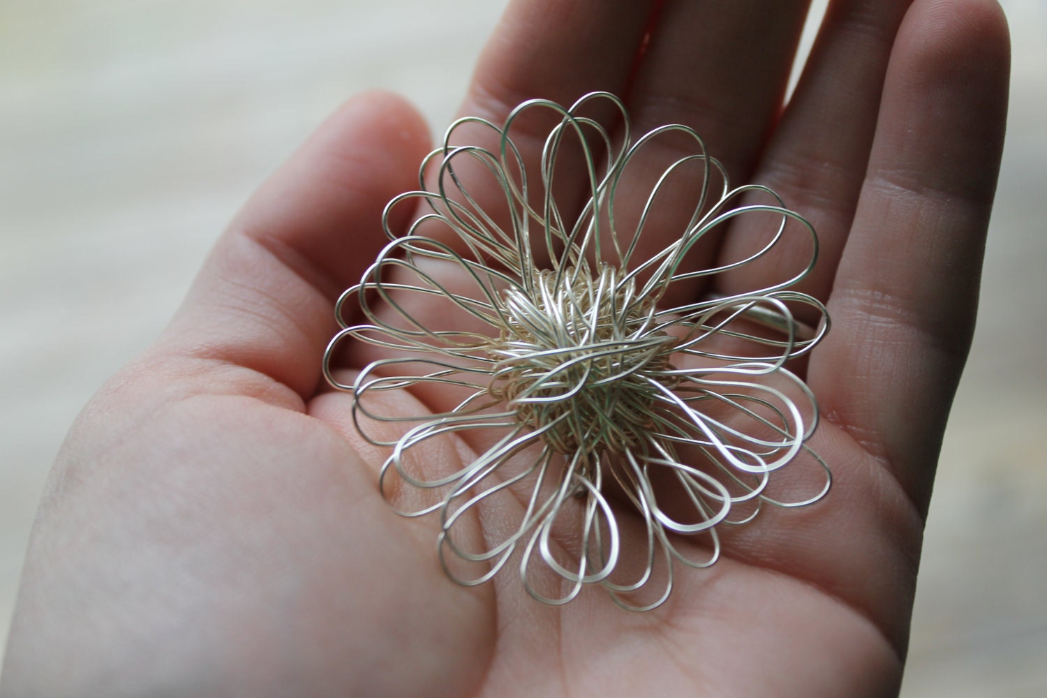 Silver Wire Flower Brooch, Pin, Beaded