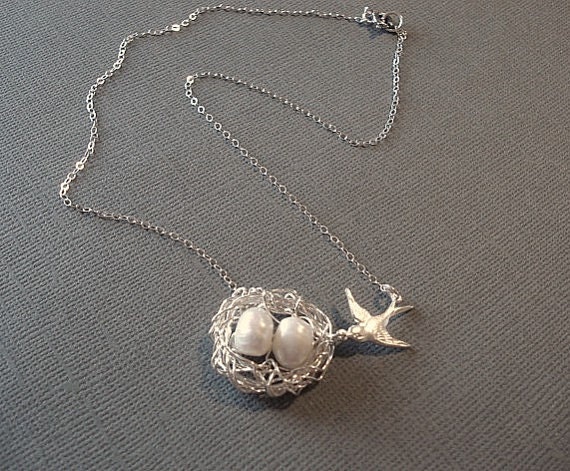 Nest Necklace Silver Bird Wire Wrapped Pearl Nest Sterling Silver Chain Mom Nest Jewelry
