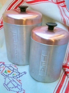 Vintage Italian Canisters Aluminum Copper 1950s Kitchware Flour & Tea  Grey Copper  Black