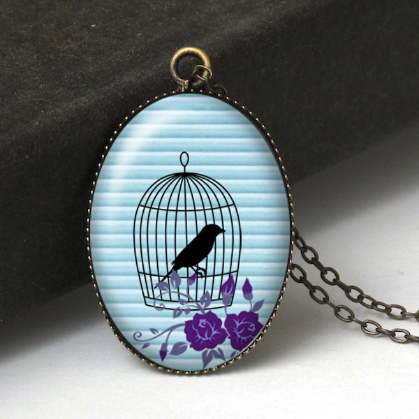 Bird Cage Pendant Necklace, Bird in Cage Necklace, Bird Necklace, Bird Silhouette Necklace, Bridesmaid Gift, Resin Jewelry N175