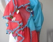 Coral Red turquoise Blue cotton Gauze crochet Scarf Bohemian gypsy long ruffle Turkish OYA scarf with lace fringe
