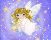 Angel whimsical painting " The Star Catcher " 6 x 6 Print