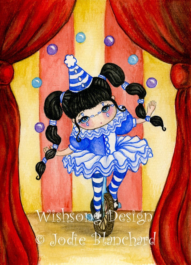 Whimsical Circus Clown, circus decor, girls room decor, clown painting, Aceo Print 2.5 x 3.5 "The Juggler"