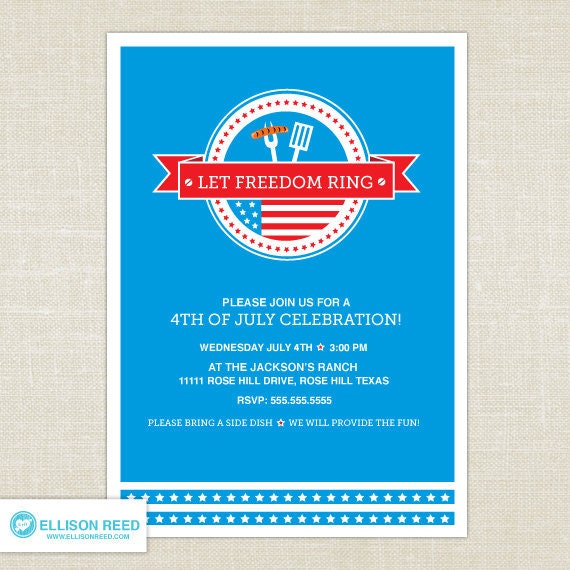 4th of July Invitation - 4th of july printable - BBQ invitation - Independence Day - Patriotic - Red - White - Blue - Stars - DIY Printable