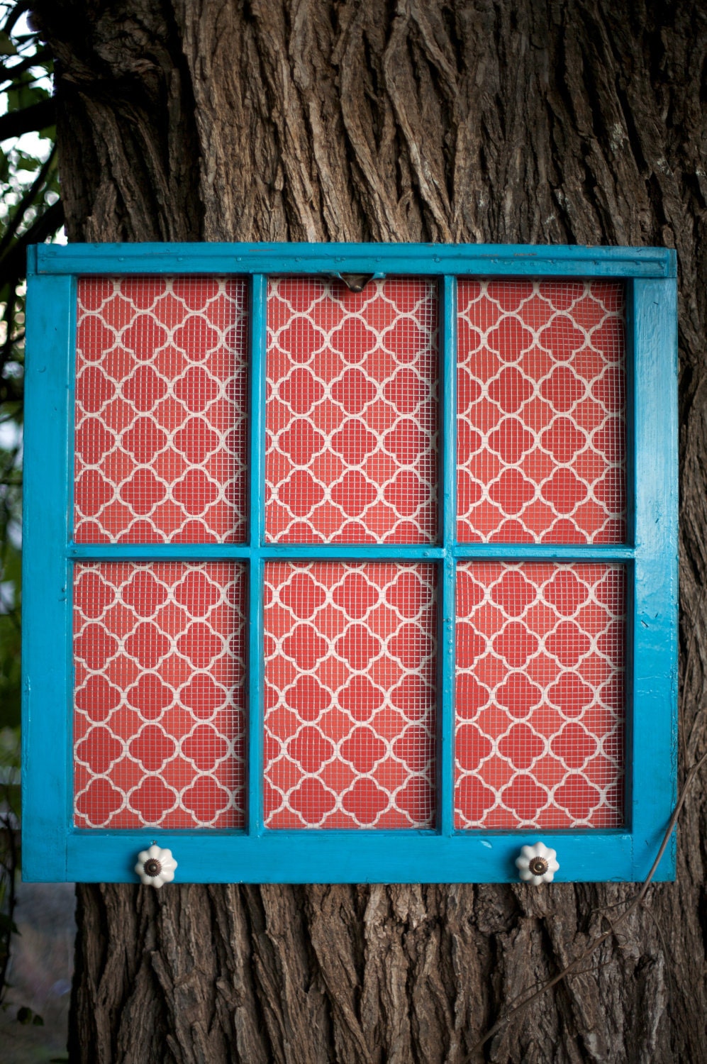 Blue six pane window frame with red and white medallion fabric jewelry holder-27 in x 28 in