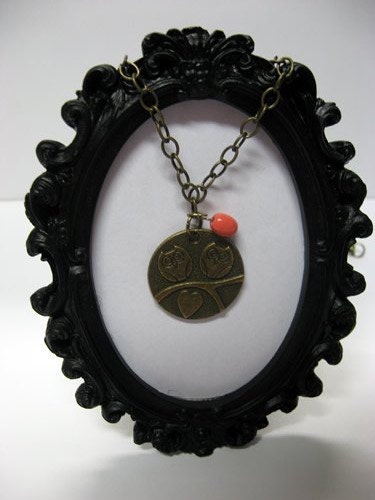 Brass Owl Necklace with Coral Bead