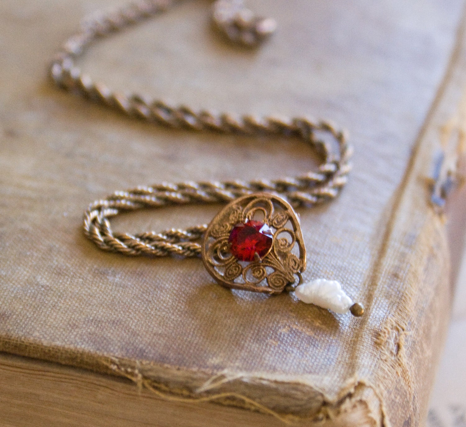 antique Victorian Lavalier Necklace . 1890s Jewelry . Ruby Red Glass and Filigree Necklace . Vintage