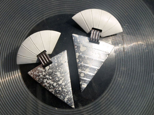 Silver and White Splatter Paint Triangle Earrings