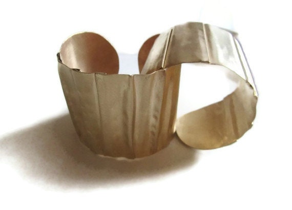 Gold Cuff Bracelet Pleated Brass Fold Form Cuff  Wide  Brass Cuff