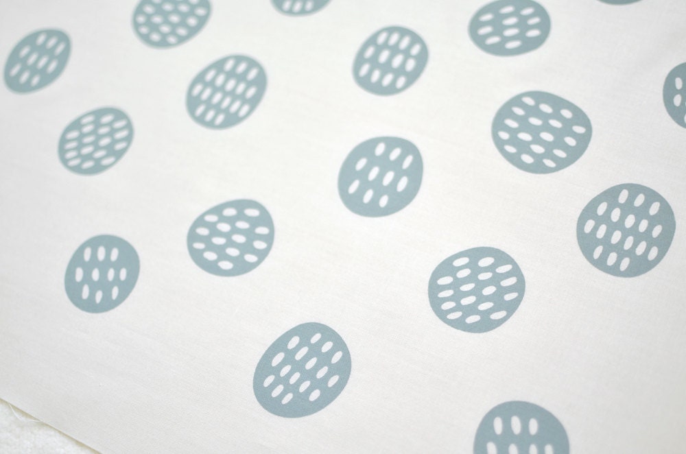 seedpods in overcast on bone quilting cotton handprinted fabric panel grey blue green