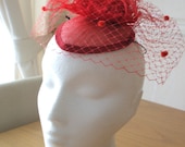 Red Sinamay, Feather, Lace and Veil Fascinator Formal Hat