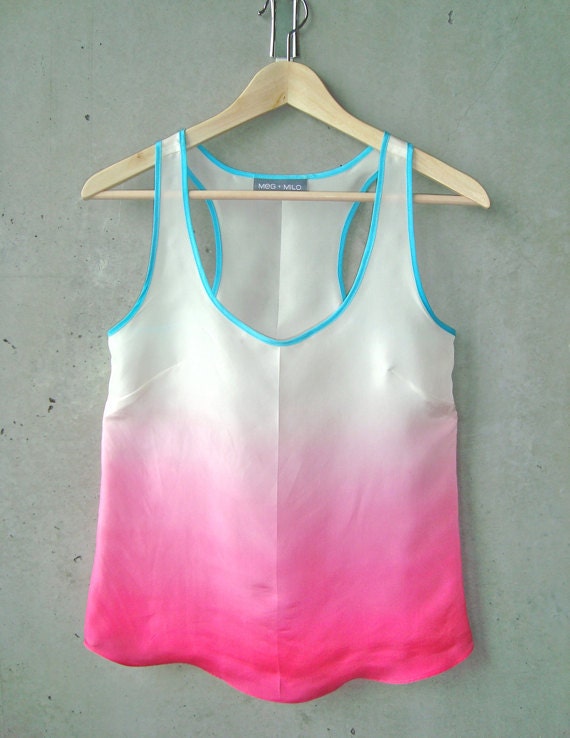 Magenta Pink Ombré Blouse - contrast turquoise trim, hand dye-painted and hand sewn