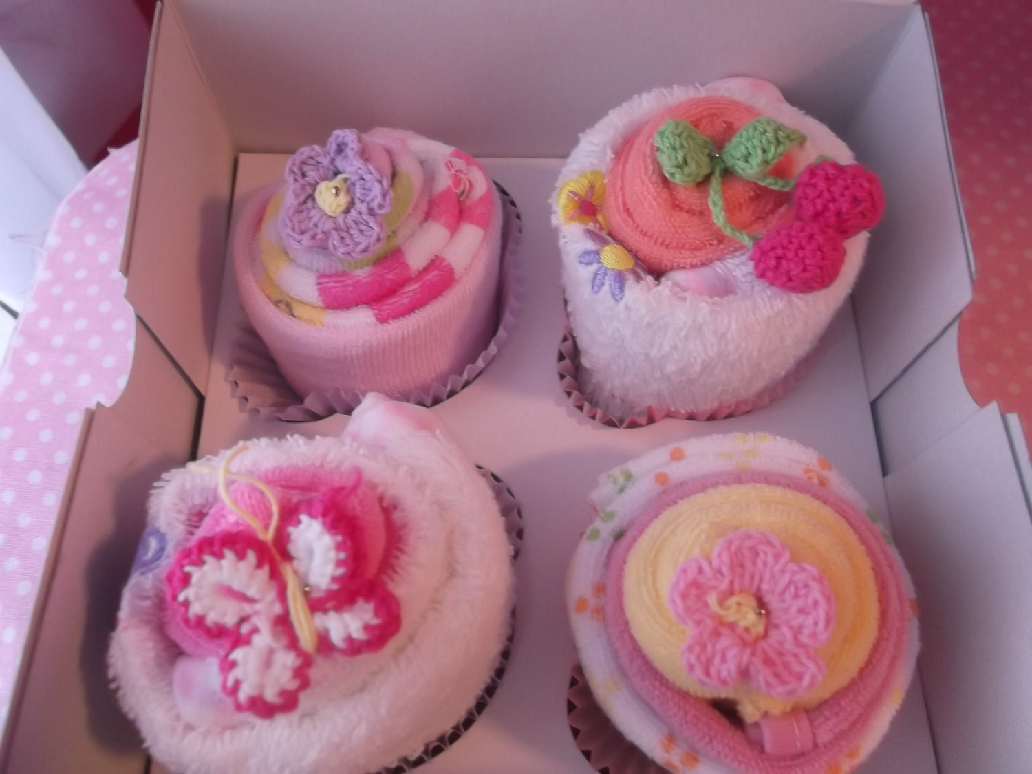 Washcloth Onesie Socks  Baby Shower Gift- Baby Cupcake - Unique Shower Gift - Girly Girl Gift Set