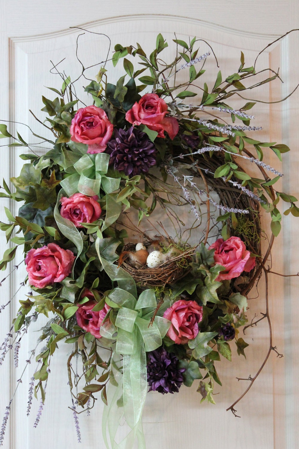 Front Door Wreath, Country Wreath, Summer Wreath, Fall Wreath, Bird Nest Wreath, Outdoor Wreath, Silk Wreath, Roses -- FREE SHIPPING