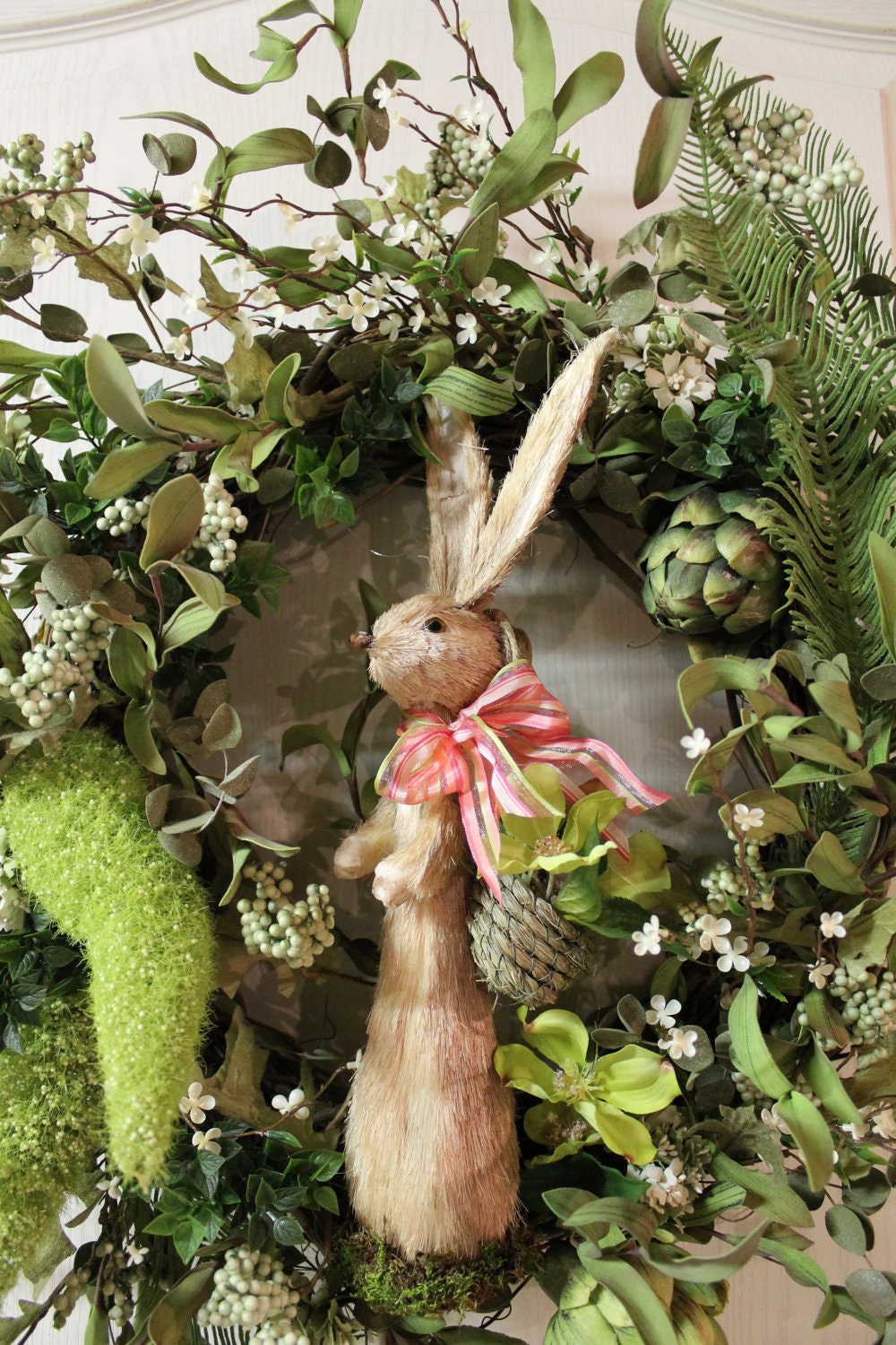 FREE SHIPPING -- Elegant Easter Wreath with Easter Rabbit / Artichokes / White Flowers