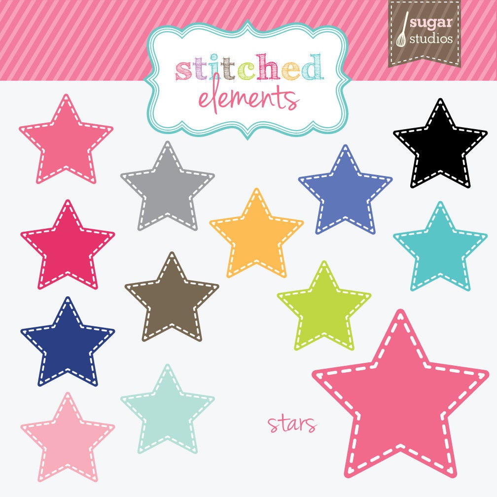Stitched Star Digital Clipart - 12 Pieces for Personal & Commercial Use