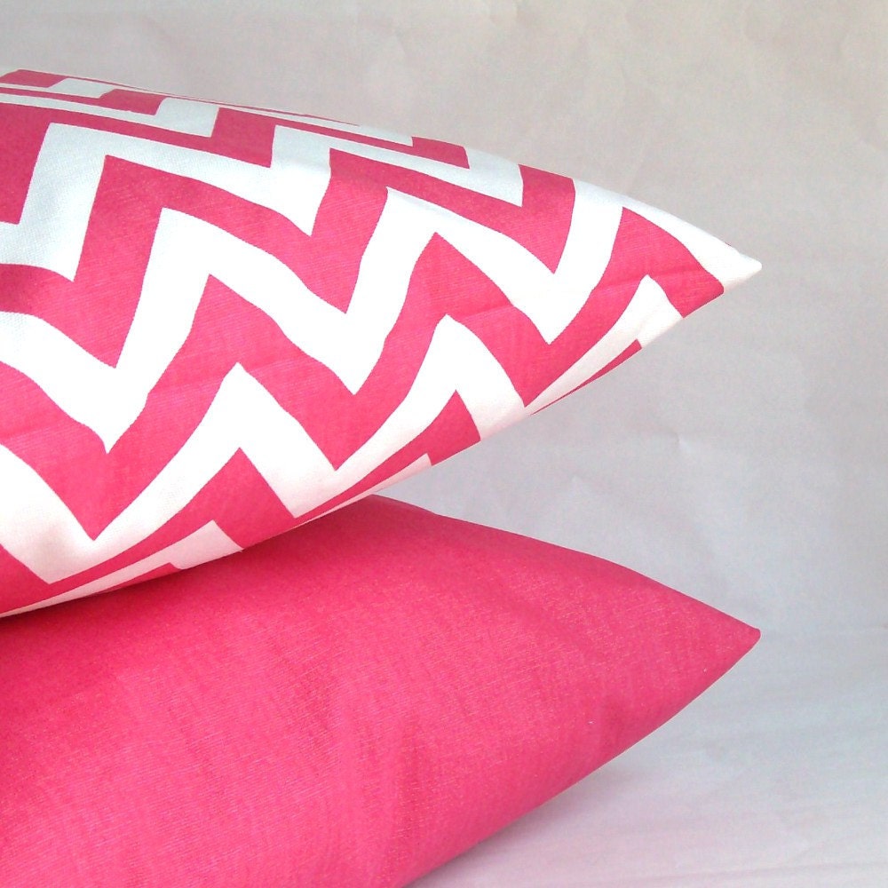 Pink Pillow Covers - TWO 18x18 inch Zig Zag and Solid Decorative Cushion Covers - Combo Pink White Chevron and Solid Pink - PureHomeAccents