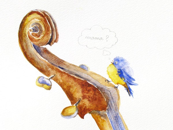 Bird & Violin nursery art watercolor customizable
