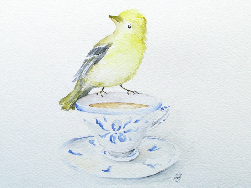 Tea Bird watercolor yellow goldfinch delft cup art print