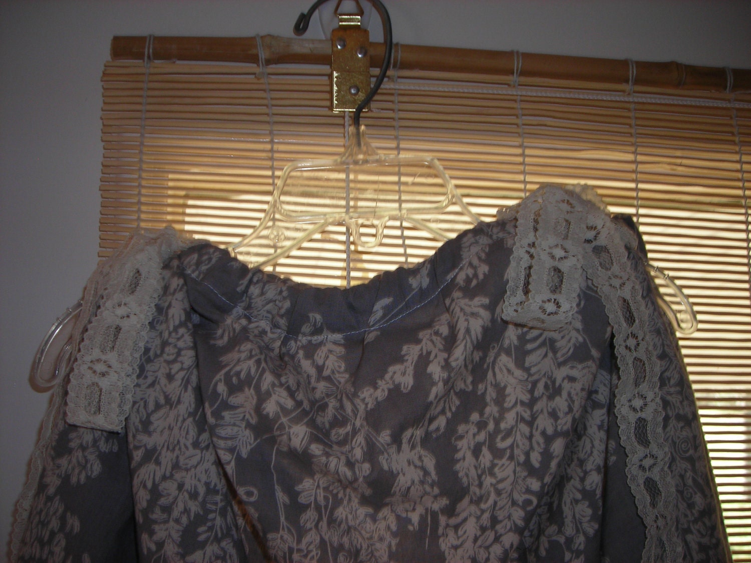 Up-Cycled Grey Vintage-Style Floral Print Girl's Top with Lace Bows