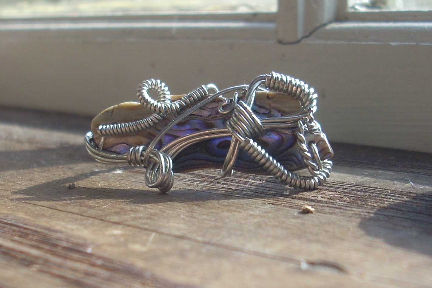 Abalone shell wire wrapped double ring