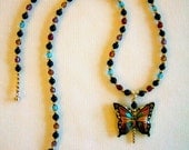 Vintage Cloisonne Butterfly Pendant Gemstone Necklace Hand Beaded