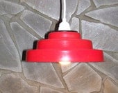 Retro, black and white photo, Upcycled hanging light, bright red, re-purposed, recycled pan, teflon, metal, pendant lighting