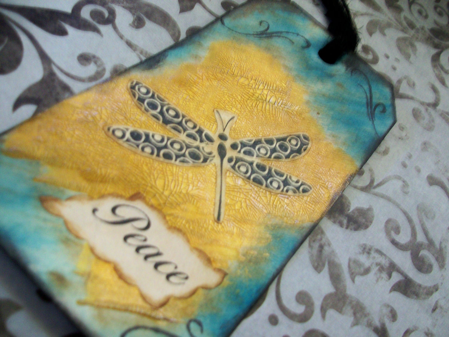 OOAK collage and handstamped original art tag 'PEACE' dragonfly