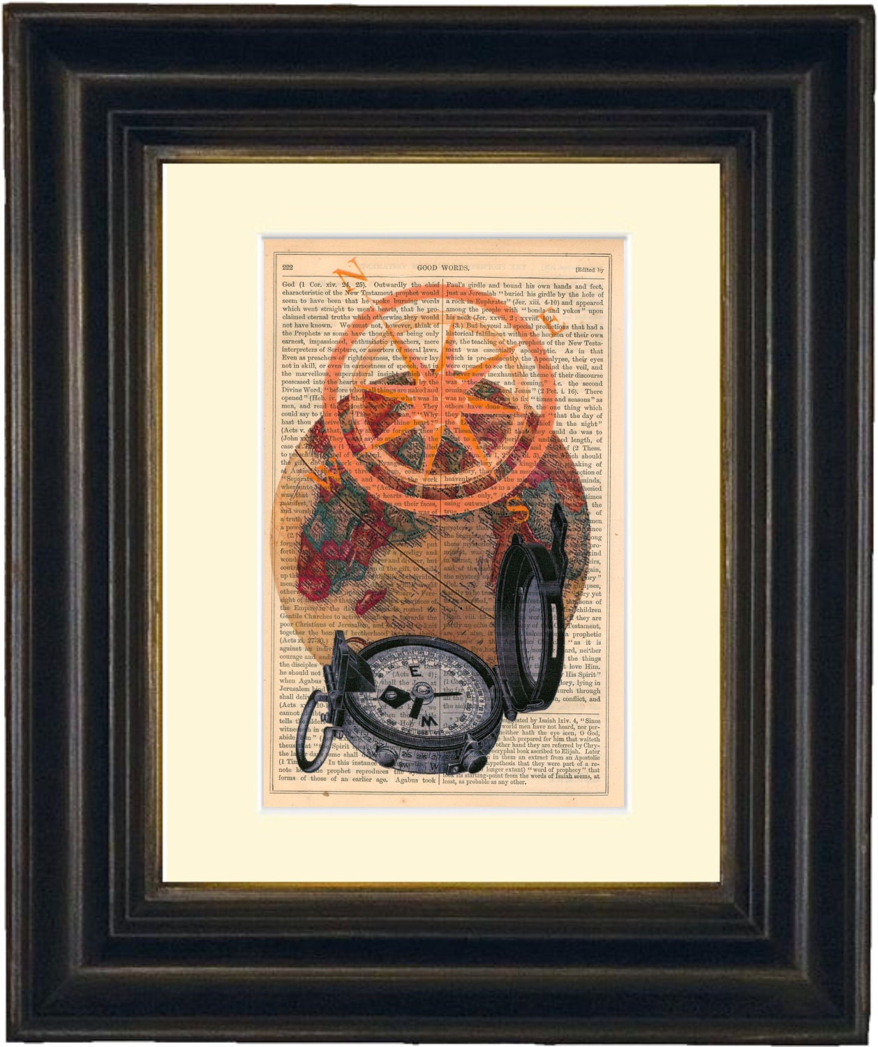 Globe Compass  print on vintage (1850's) upcycled antique book page