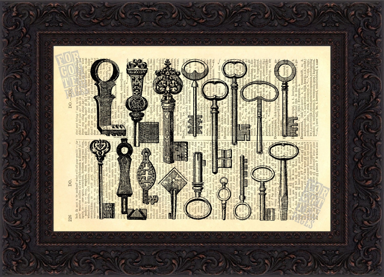 Collection of Antique Keys  Print on Vintage Repurposed Dictionary Page mixed media  digital
