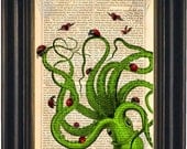 Exotic Colored Octopus with Ladybugs Altered  Art Antique engraving Print on Vintage Repurposed 1860's Page mixed media  digital