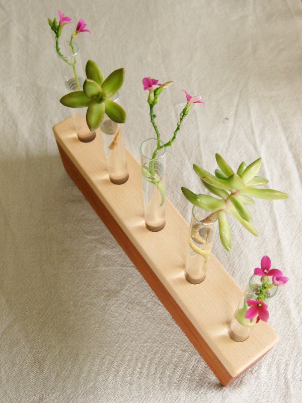 Bud Vase - five mini bud vase holder in salvaged reclaimed cherry and maple wood V158