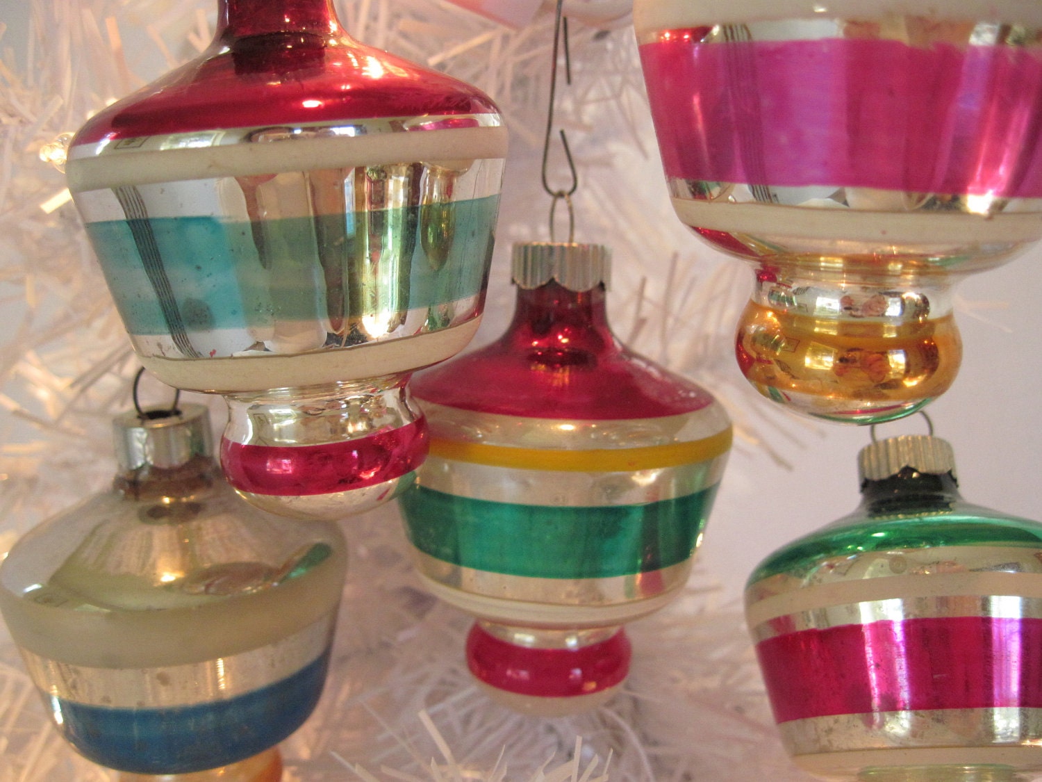 Vintage Glass Shiny Brite Striped Top UFO Shaped Christmas Holiday Ornaments - One Dozen Boxed