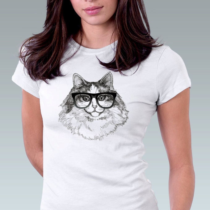 Cat Shirt Hipster Glasses Wayfarer Cat Glasses Clever Geek Nerd Kitten Animal Art Print Women T-Shirt  - White or Pink XS, S, M, L, XL