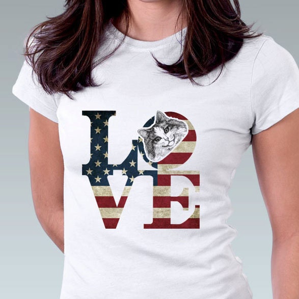 LOVE Philadelphia Vintage American Flag Cat T Shirt  Kitten Cat Kitty Art Print Women T-Shirt Cat Lover Gift - White S, M - Robert Indiana