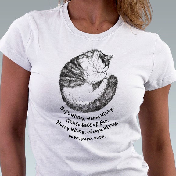 Cat Shirt Big Bang Theory Soft Kitty Warm Kitty Geek Nerd Kitten Cat Sleeping Hand Drawing Art print Women T-shirt - White or Pink, S, M