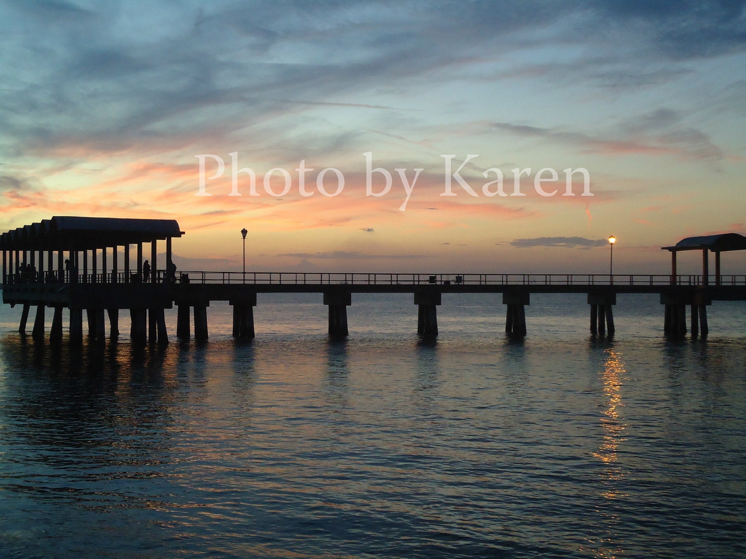 September Sunset, Colorful sunset over water with pier