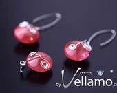 Jewelry set with ear-rings and pendant with cherry red quartz set, sterling silver spirals wire wrap