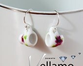 Delicate sterling silver earrings, white with flowers teacup / coffee cup earrings, porcelain, fashion earrings