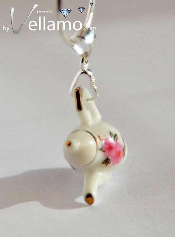 Delicate sterling silver teapot, pink and white with flowers and gold rim pendant, porcelain, fashion pendant and necklace