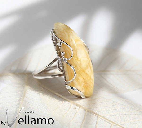 Modern sterling silver adjustable ring with large OOAK white - yellow natural Baltic amber, OOAK ring