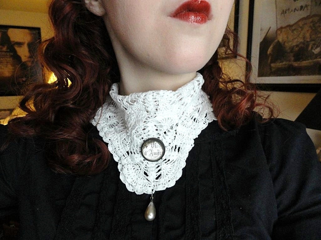 Steampunk Jewelry - Victorian Jewelry - Doily Bib Necklace with Button and Teardrop Pearl - Wedding Jewelry - Valentine's Day Jewelry
