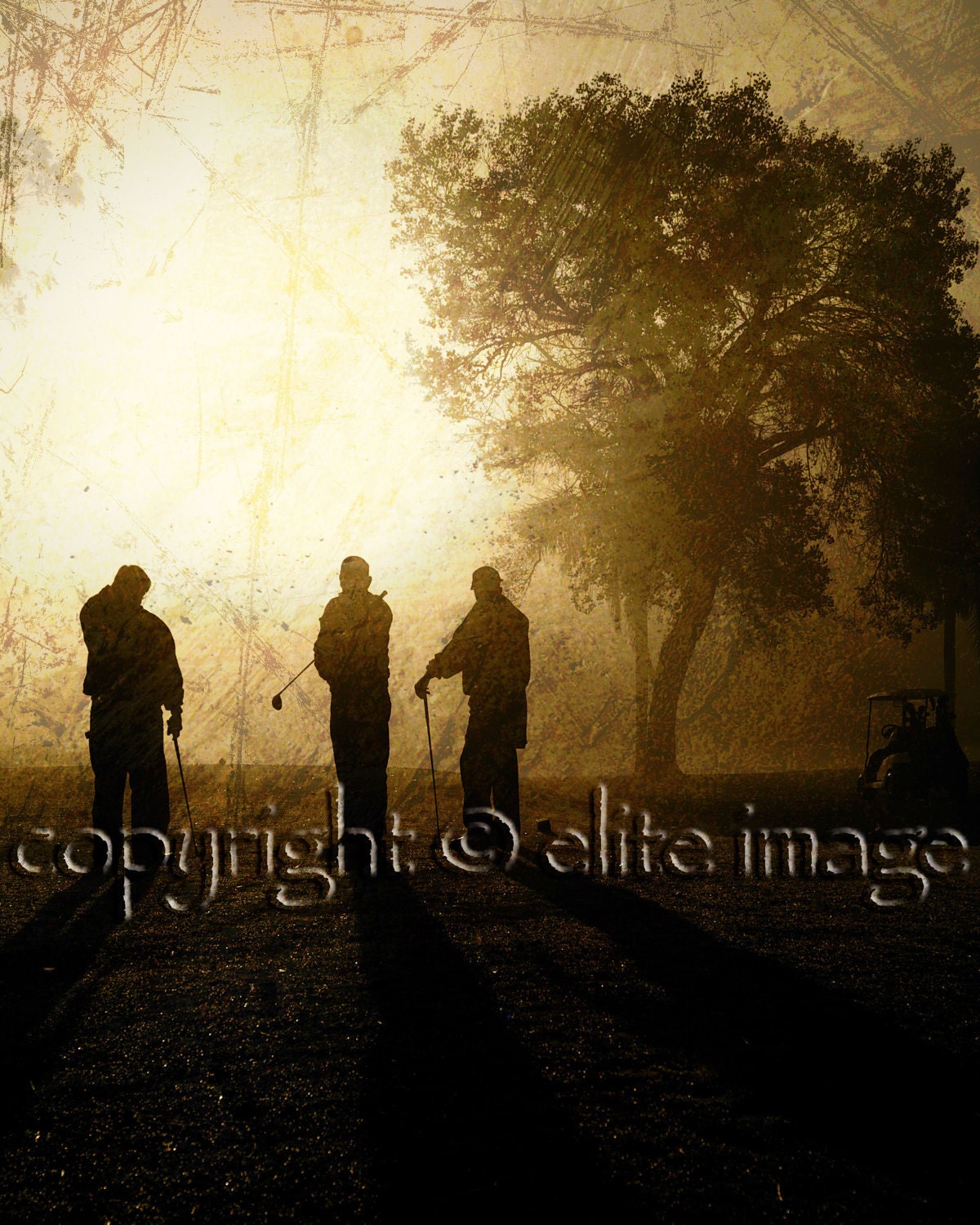 GOLFERS on the Tee Box at Sunrise on a Golf Course Grunge - 8x10