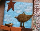 Blue Bird Mixed Media Original Art Mini Canvas Magnet Blue Sky and Birdies