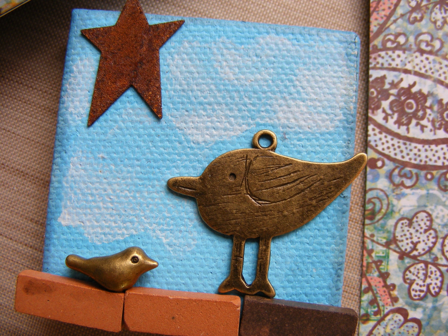 Blue Bird Mixed Media Original Art Mini Canvas Magnet Blue Sky and Birdies