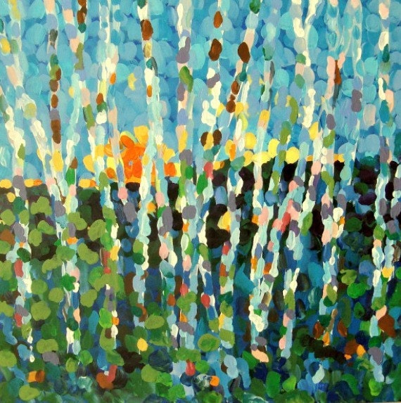 Birch Tree Painting Colorful Impressionistic Landscape Art Canvas Square 20" x 20"